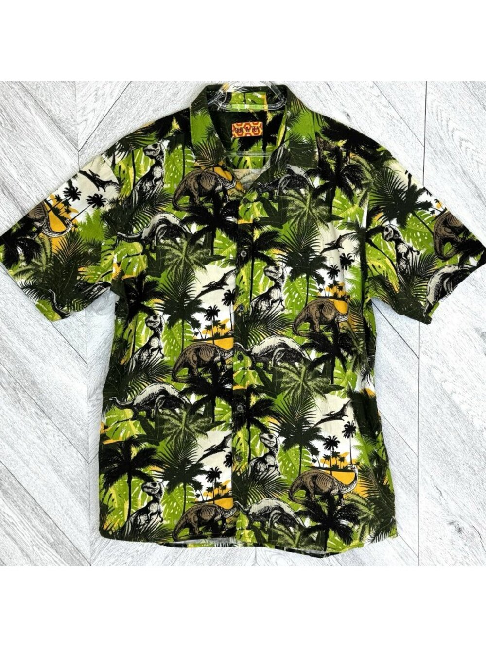Run & Fly Dinosaur Allover Print Short Sleeve Button Up Shirt Jurassic Mens XL